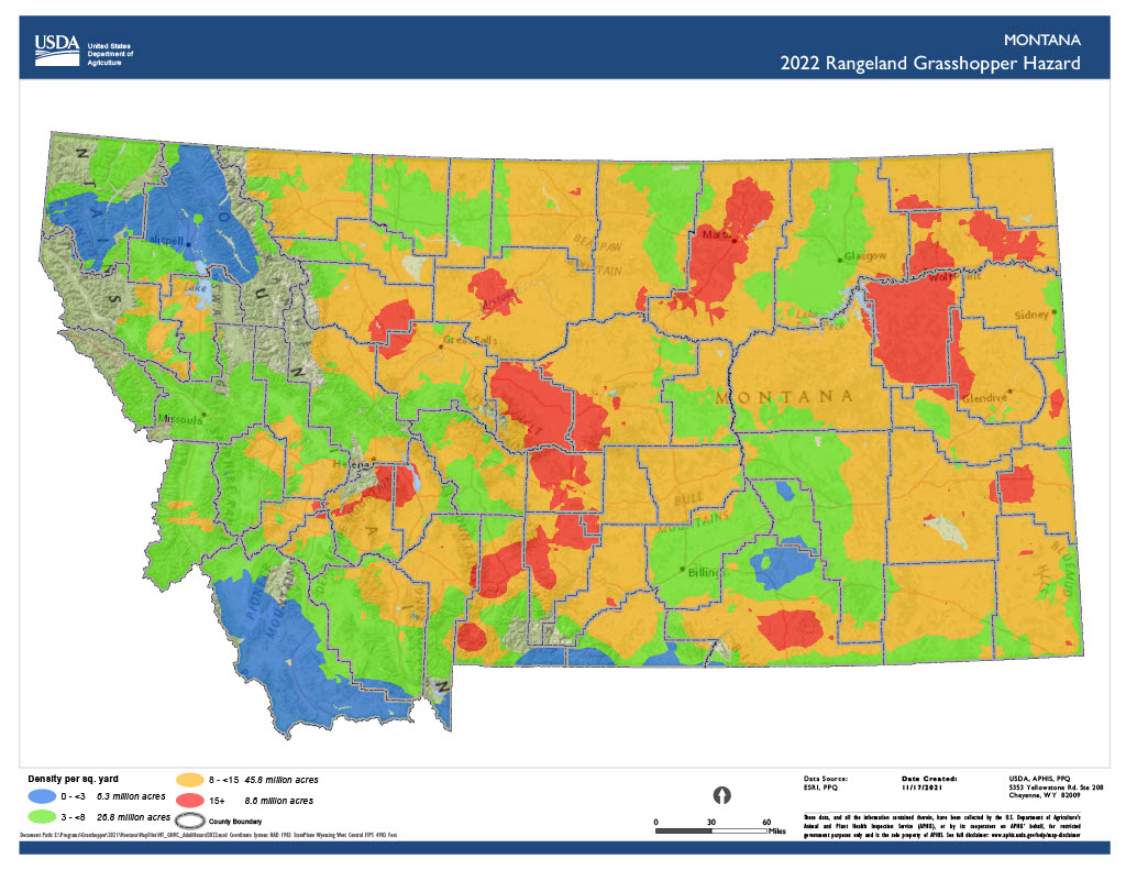 The 2022 Rangeland Grasshopper Hazard for Montana is provided by USDA-APHIS. The grasshopper outlook for 2022 is based on adult grasshopper counts in the fall of 2021. Eight million acres are forecasted to experience grasshoppers at or above the economic threshold of 15 grasshoppers per square yard, while 45.8 million acres are forecasted to experience just under the economic threshold.